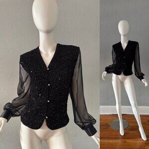 Vintage 80s Black Satin Sheer Poet Sleeve Evening Jacket Top L